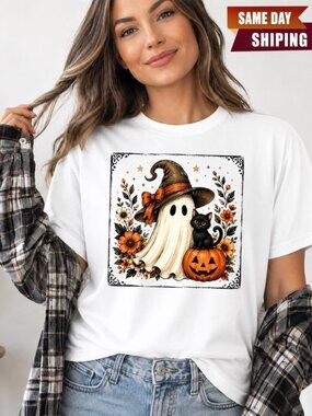 Halloween Ghost Cat Shirt, Cute Spooky Ghost Pumpkin Shirt